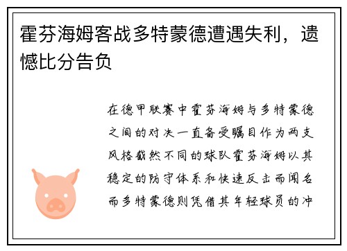 霍芬海姆客战多特蒙德遭遇失利，遗憾比分告负